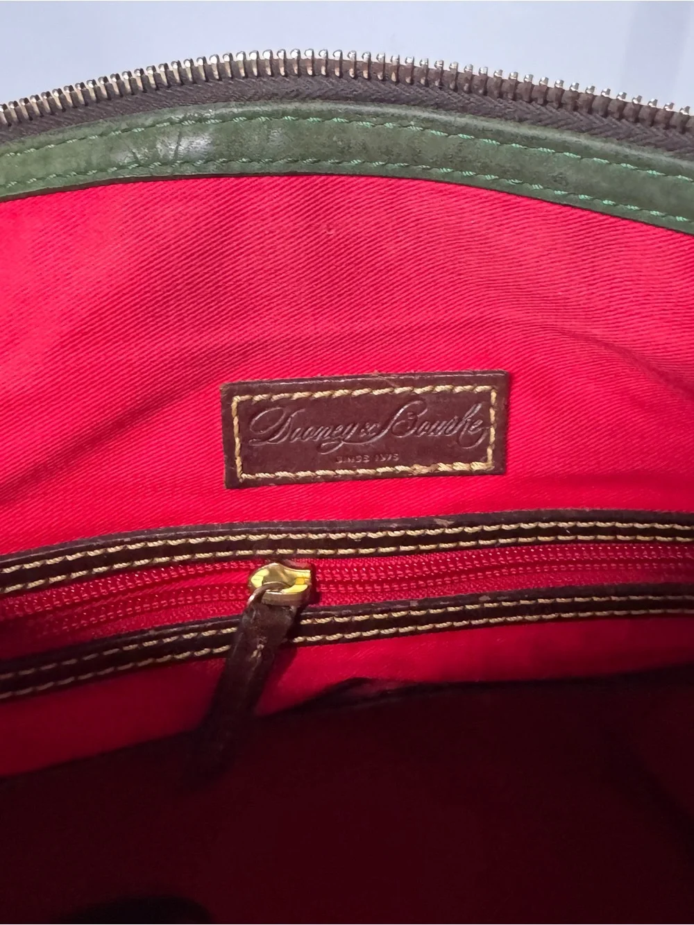 Dooney & Bourke Tan Ostrich-Style Satchel with Dark Brown Trim